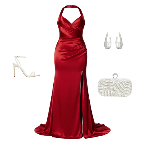 The Allure Curve Gown in satin fabric featuring a halter sweetheart neckline, ruched bodice, fitted silhouette, and side slit — perfect for bridesmaids and formal events.