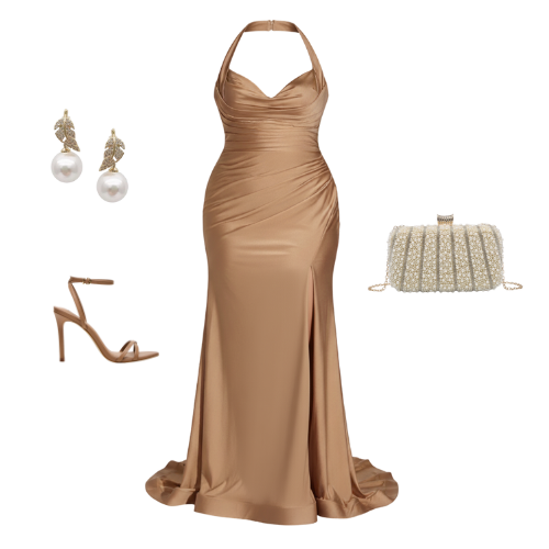 The Allure Curve Gown in satin fabric featuring a halter sweetheart neckline, ruched bodice, fitted silhouette, and side slit — perfect for bridesmaids and formal events.