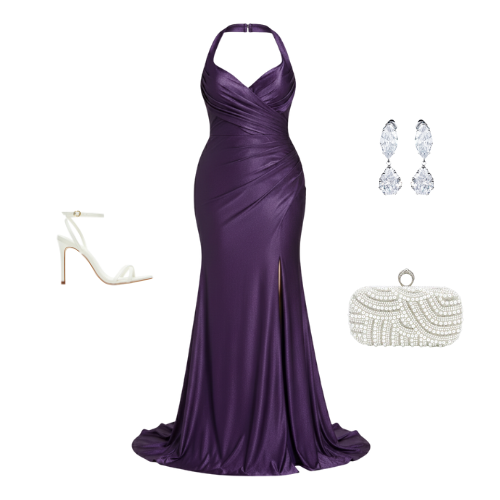 The Allure Curve Gown in satin fabric featuring a halter sweetheart neckline, ruched bodice, fitted silhouette, and side slit — perfect for bridesmaids and formal events.