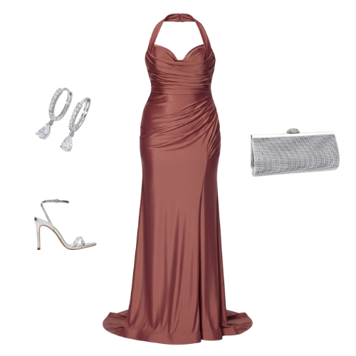 The Allure Curve Gown in satin fabric featuring a halter sweetheart neckline, ruched bodice, fitted silhouette, and side slit — perfect for bridesmaids and formal events.