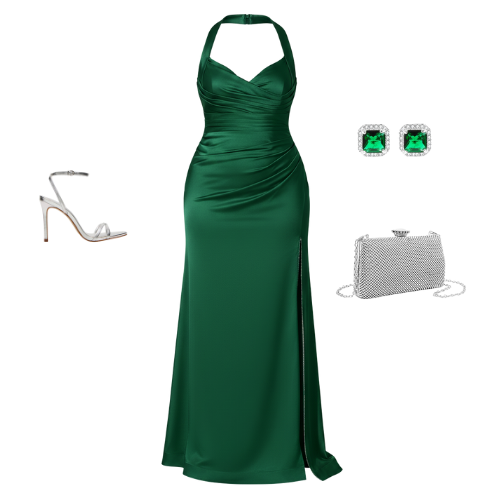 The Allure Curve Gown in satin fabric featuring a halter sweetheart neckline, ruched bodice, fitted silhouette, and side slit — perfect for bridesmaids and formal events.