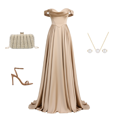 Off-shoulder satin gown with a structured bodice and full-length flowing skirt.
