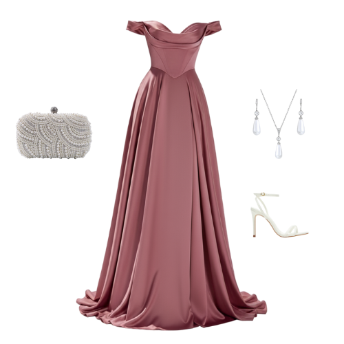 Off-shoulder satin gown with a structured bodice and full-length flowing skirt.