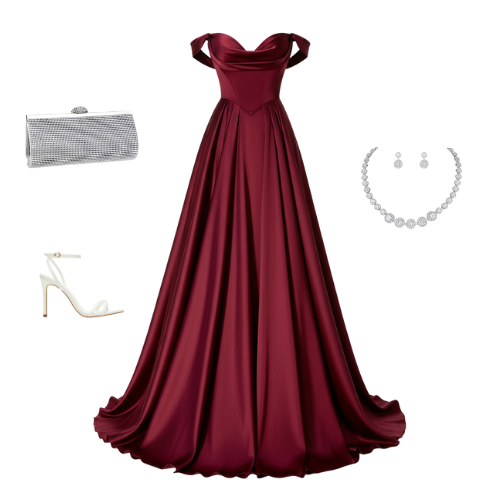 Off-shoulder satin gown with a structured bodice and full-length flowing skirt.