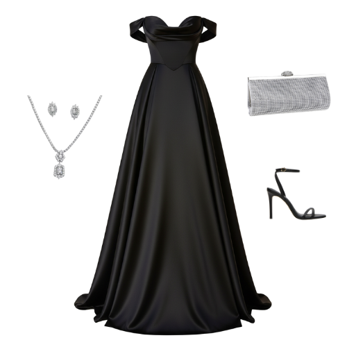 Off-shoulder satin gown with a structured bodice and full-length flowing skirt.