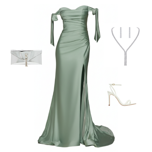 Love Like Honey satin off-the-shoulder gown with bow-tie sleeves and high slit – Ever After Bridal Atlanta.