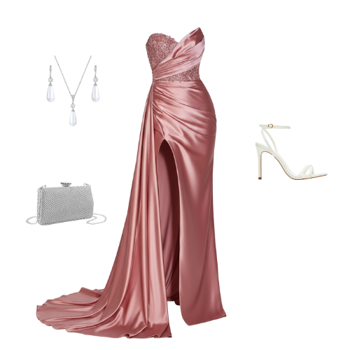 Full-length one-shoulder formal gown in Rose gold satin with a beaded bodice and thigh-high slit. Ideal for prom and galas.