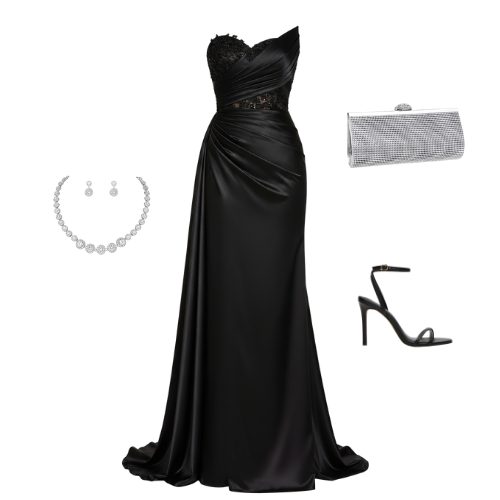 Full-length one-shoulder formal gown in Black satin with a beaded bodice and thigh-high slit. Ideal for prom and galas.