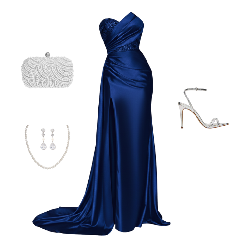 Full-length one-shoulder formal gown in Navy satin with a beaded bodice and thigh-high slit. Ideal for prom and galas.