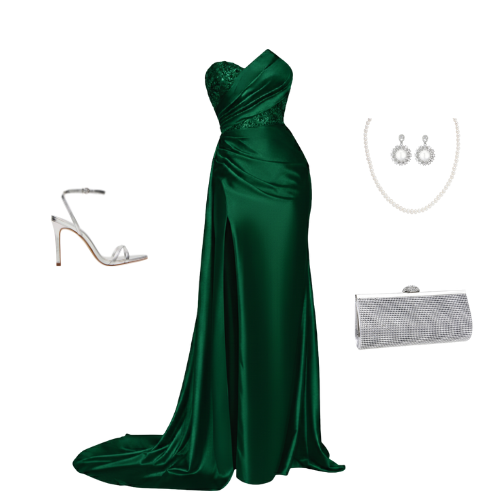 Full-length one-shoulder formal gown in emerald green satin with a beaded bodice and thigh-high slit. Ideal for prom and galas.