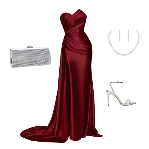 Full-length one-shoulder formal gown in burgundy satin with a beaded bodice and thigh-high slit. Ideal for prom and galas.