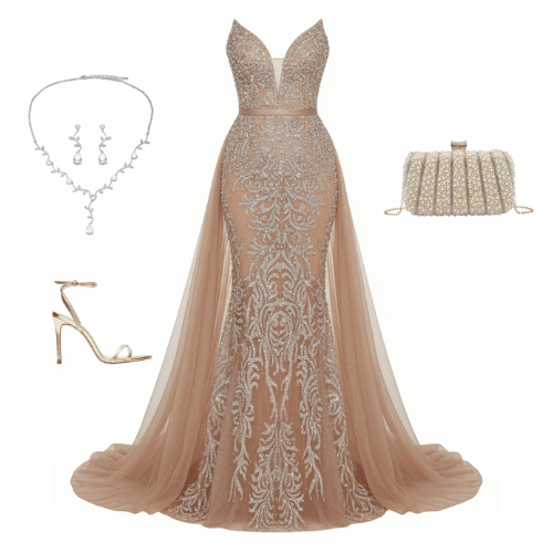 Pearls All Around gown with deep V-neckline, pearl embellishments, and removable tulle overskirt – Ever After Bridal Atlanta