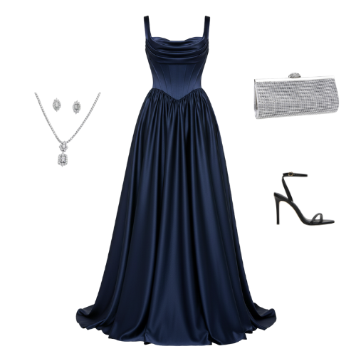 Thalia Dress in navy satin featuring a corset-style bodice, draped neckline, and flowy A-line skirt — styled with silver jewelry, clutch, and black heels for an elegant formal look.