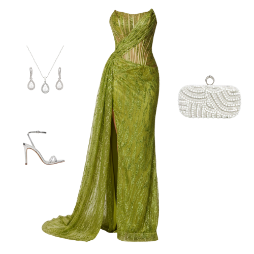 The Valencia Gown – strapless sequin corset evening dress with draped skirt and high slit.