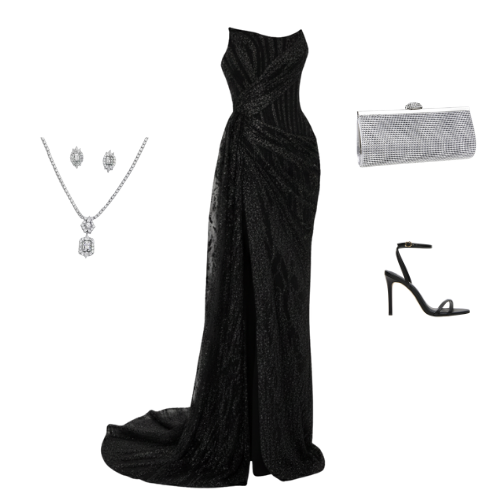 The Valencia Gown – strapless sequin corset evening dress with draped skirt and high slit.