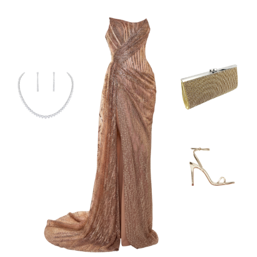 The Valencia Gown – strapless sequin corset evening dress with draped skirt and high slit.