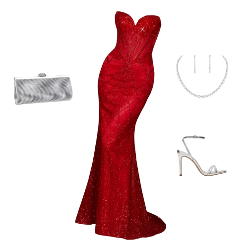 The Vivian Gown: Elegant red floor-length dress with a tailored fit for formal